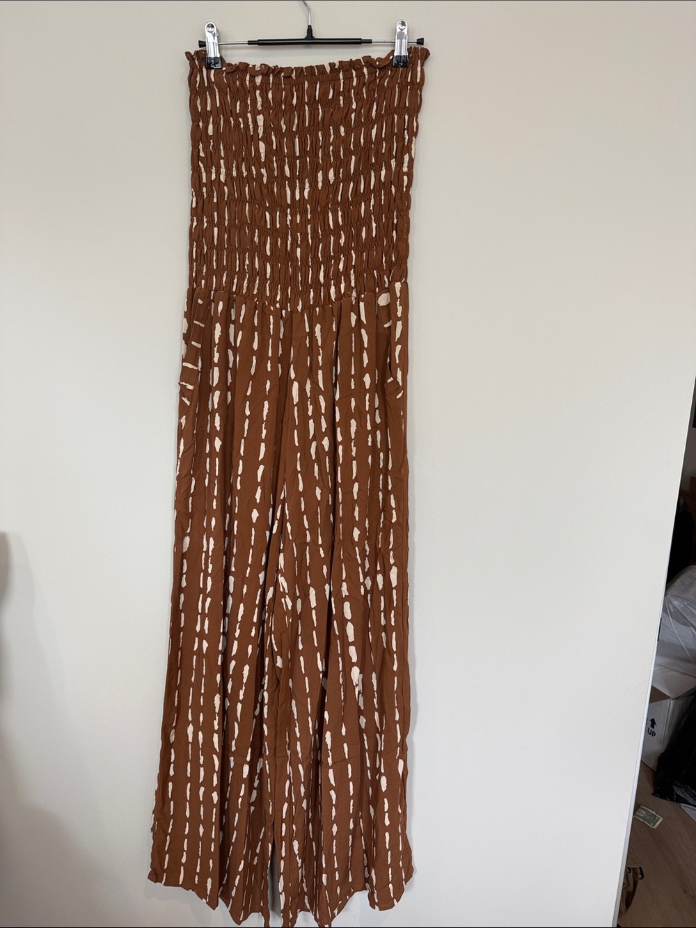 Brown Smocked Strapless Wide-Leg Jumpsuit